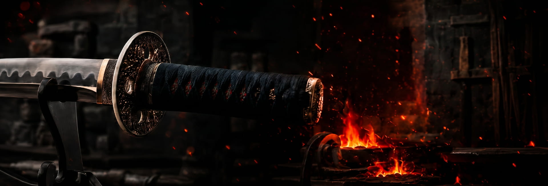 Japanse katana op een standaard voor een smidse